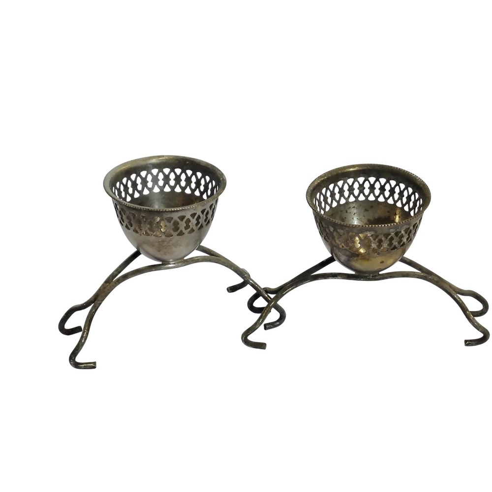 Vintage Silverplate Wishbone Egg‎ Cup Set of 2 Pierced Lattice Victorian Style